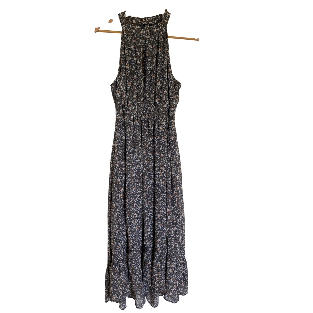 Whishlist Floral Halter Maxi Dress Smocked Waist Pockets Blue Brown Large Boho